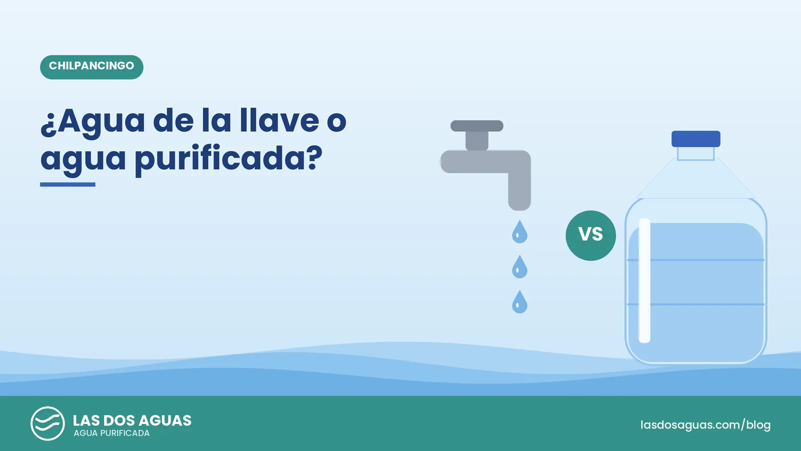 Ilustración de una llave de agua frente a un garrafón de agua purificada, separados por el símbolo de versus