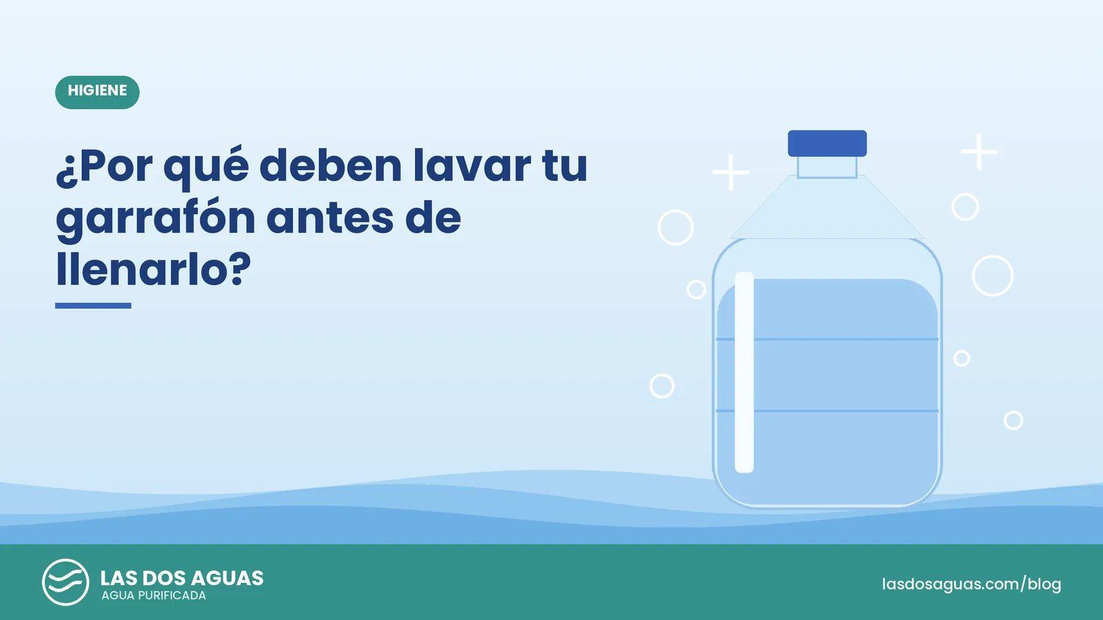 Ilustración de un garrafón de agua limpio y brillante rodeado de burbujas, sobre fondo azul con ondas