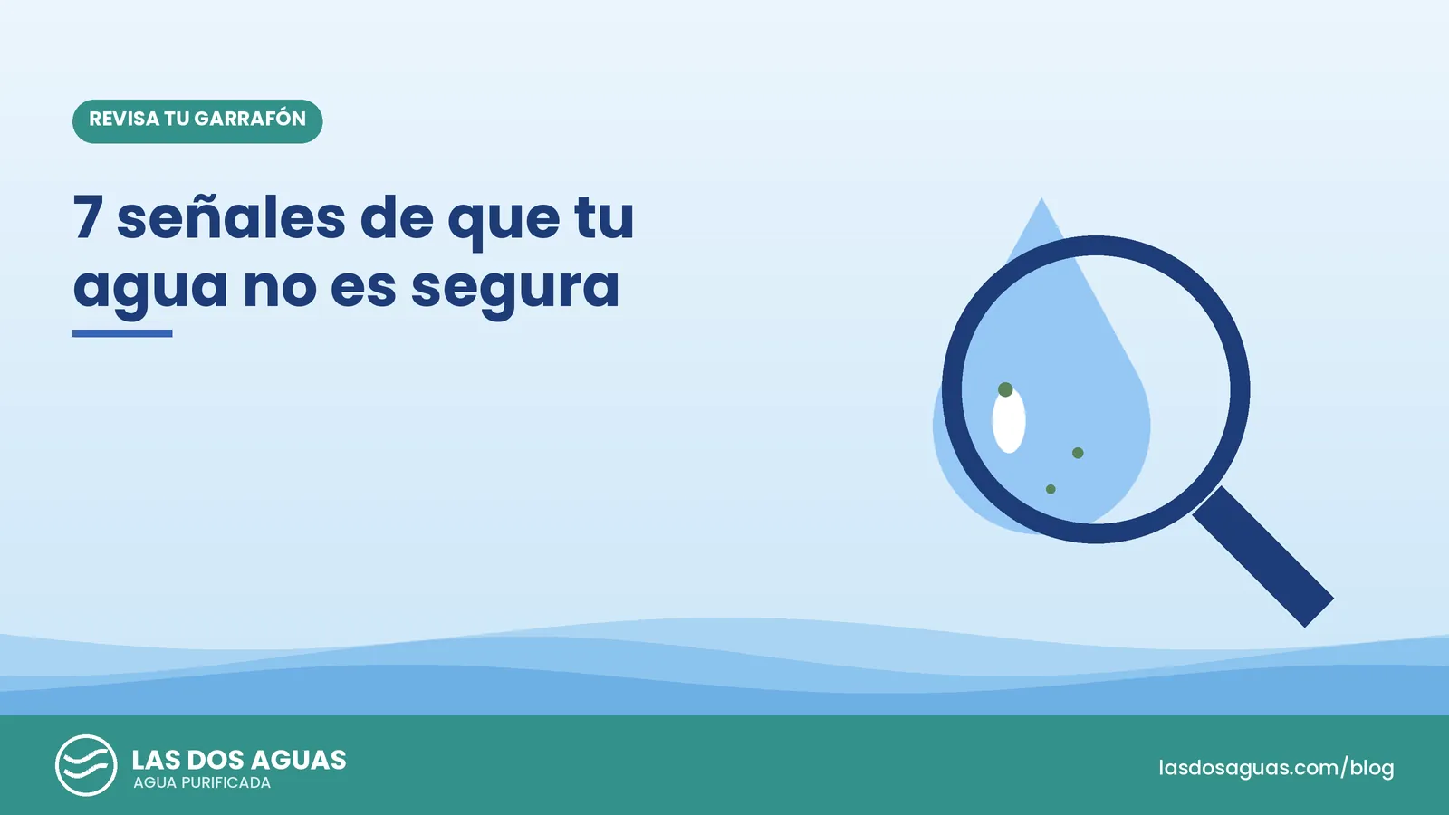 Ilustración de una lupa revisando una gota de agua, sobre fondo azul con ondas